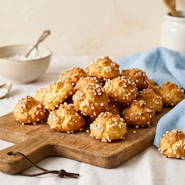 Chouquettes on wooden cutting board